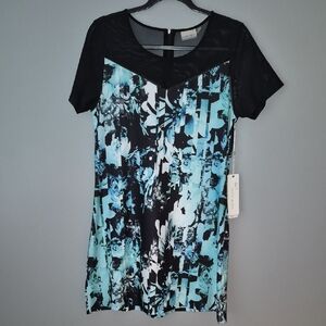 Nanette Lepore Black and Blue Abstract Short Sleeve Top